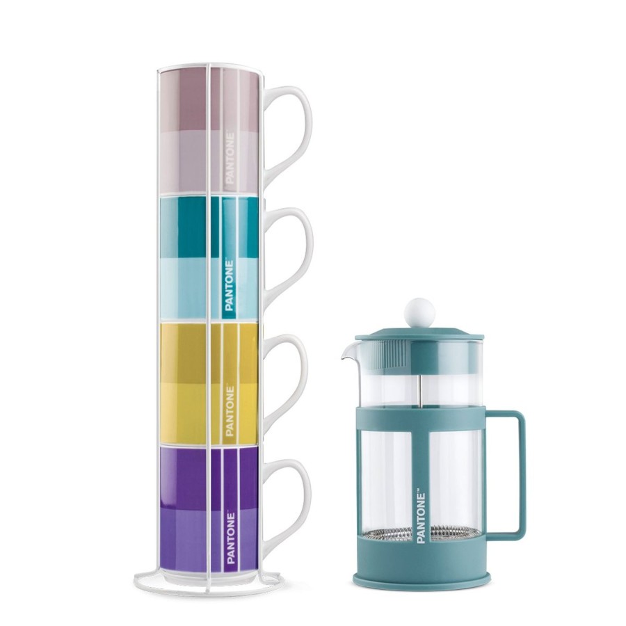 Colazione Egan | Set 4 Mug Impil. Con Metalrack Pantone Linear + French Press Blu 1000 Ml