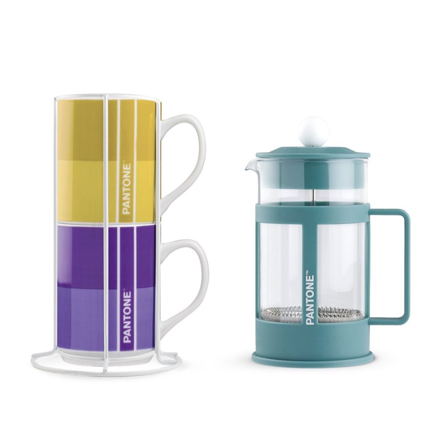 Colazione Egan | Set 2 Mug Impil. Con Metalrack Pantone Linear + French Press Blu 600 Ml