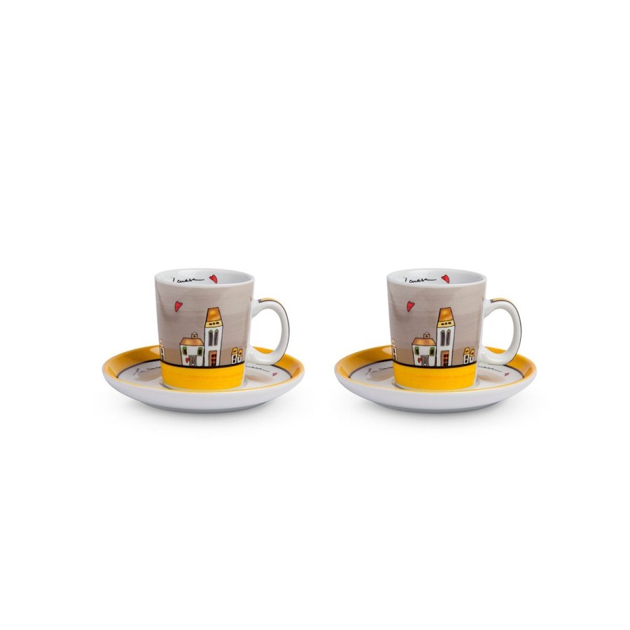 Colazione Egan | Set 2 Tazze Caffe Zuccheriera Le Casette Gialla