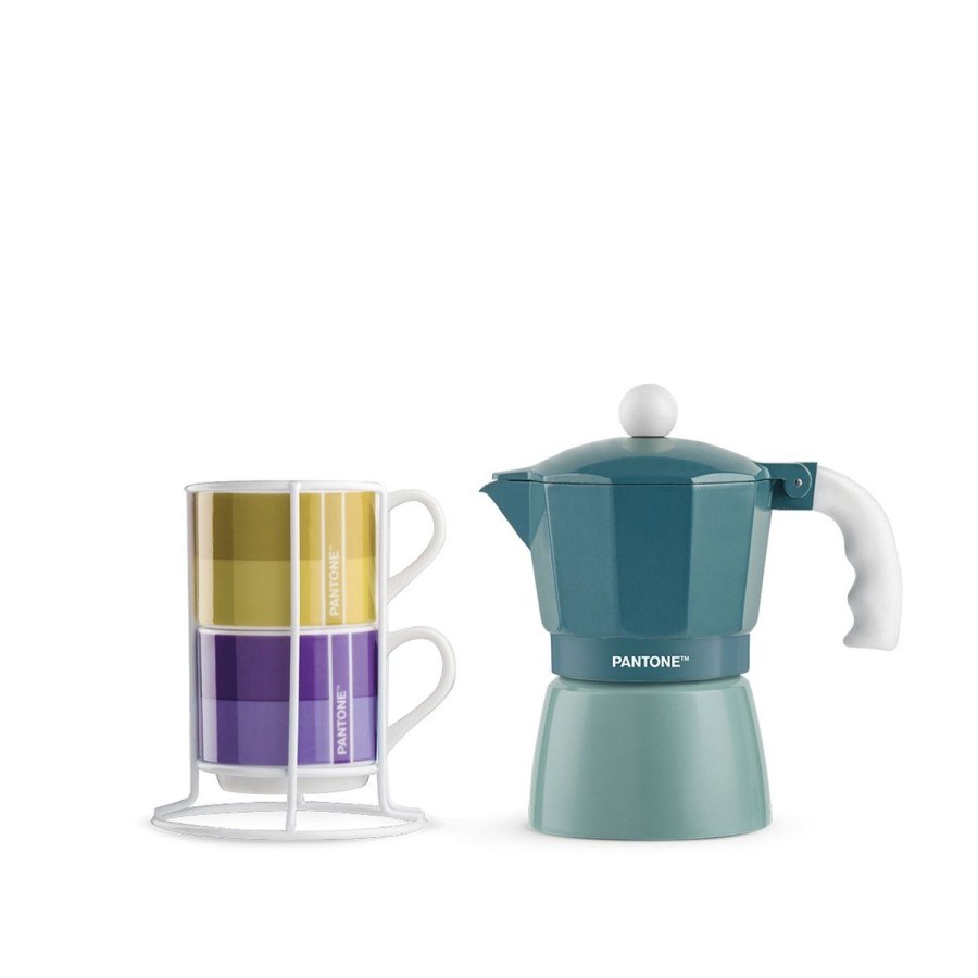 Colazione Egan | Set 2 Tazze Caffe Impil. Con Metalrack Pantone Linear + Moka Blu 3 Tazzine