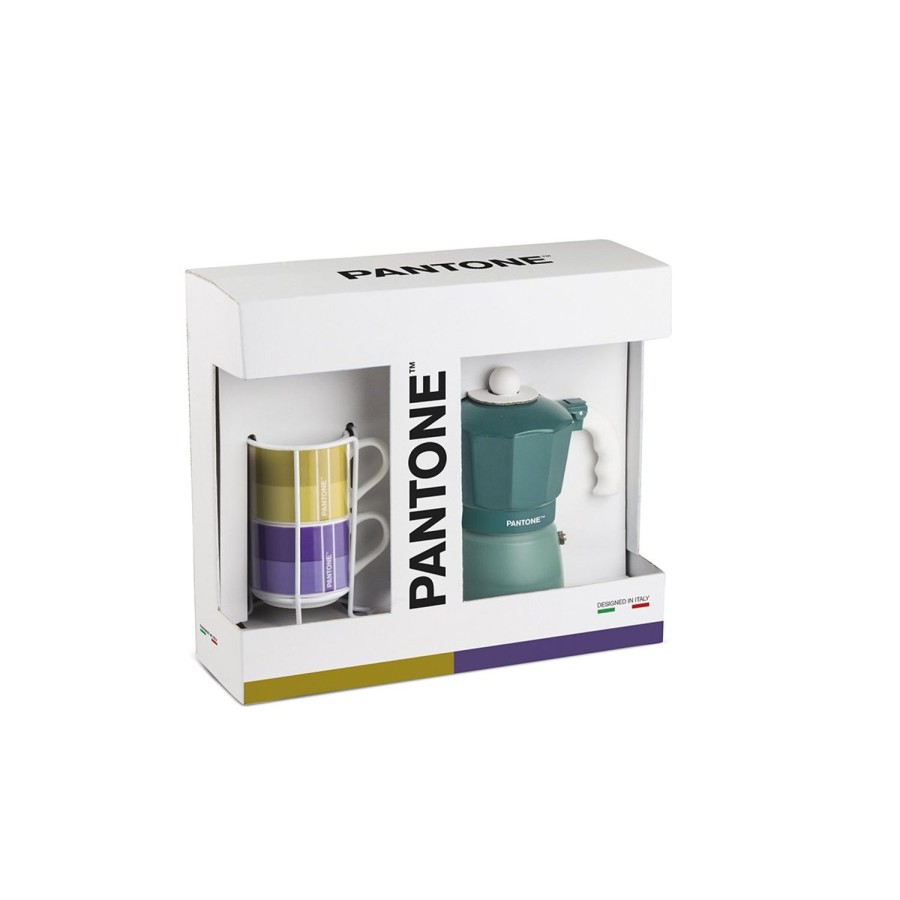 Colazione Egan | Set 2 Tazze Caffe Impil. Con Metalrack Pantone Linear + Moka Blu 3 Tazzine