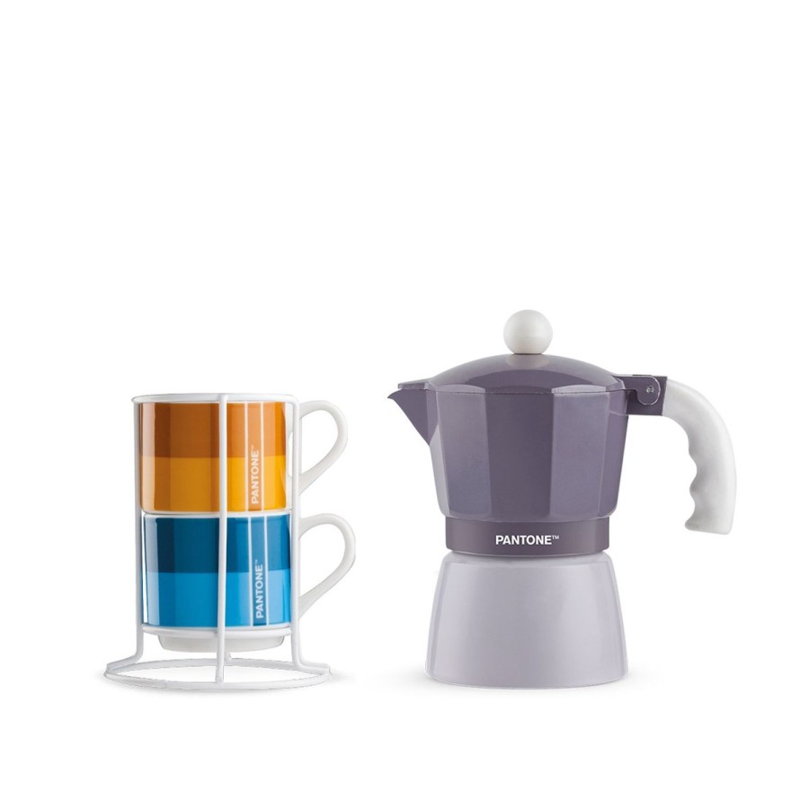 Colazione Egan | Set 2 Tazze Caffe Impil. Con Metalrack Pantone Linear + Moka Viola 3 Tazzine