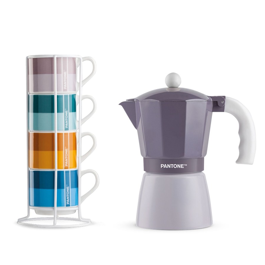 Colazione Egan | Set 4 Tazze Caffe Impil. Con Metalrack Pantone Linear + Moka Viola 6 Tazzine