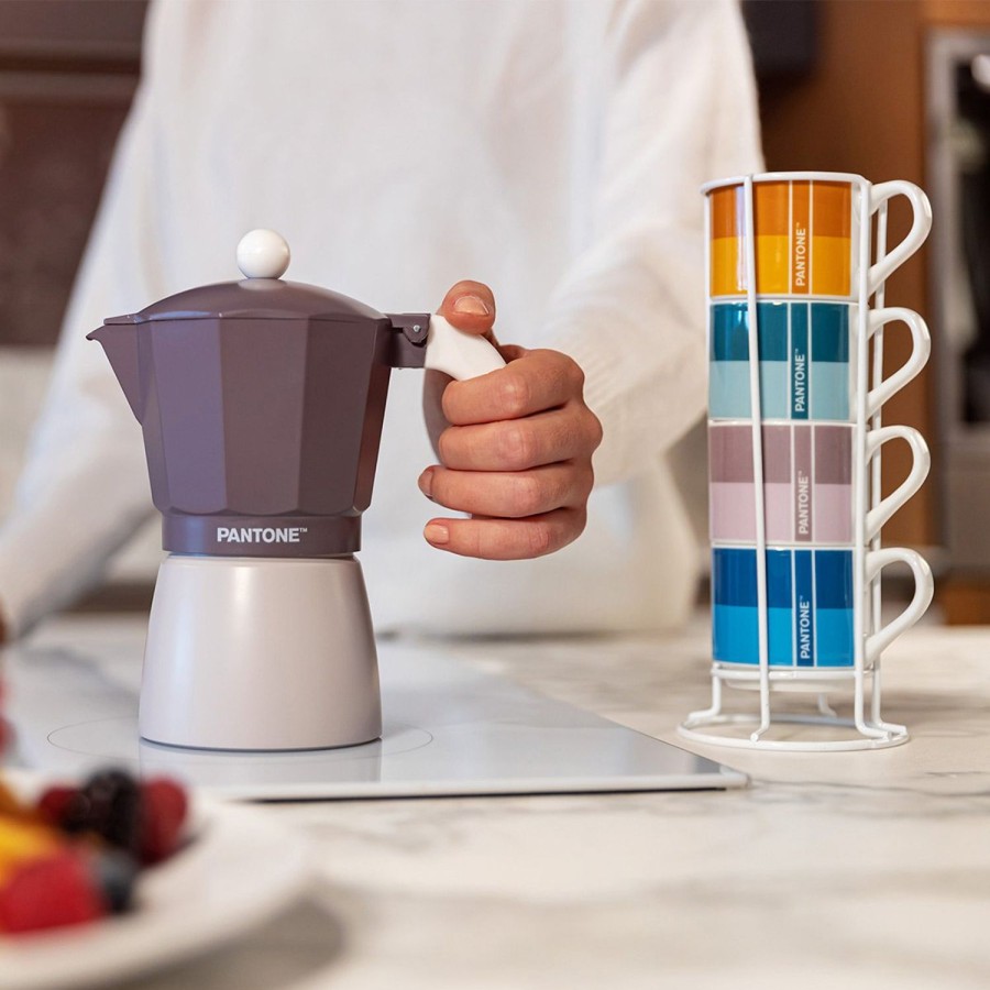 Colazione Egan | Set 4 Tazze Caffe Impil. Con Metalrack Pantone Linear + Moka Viola 6 Tazzine