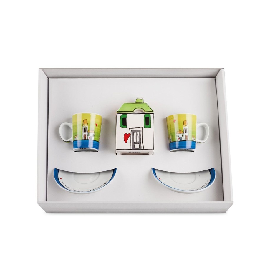 Colazione Egan | Set 2 Tazze Caffe Zuccheriera Le Casette Blu