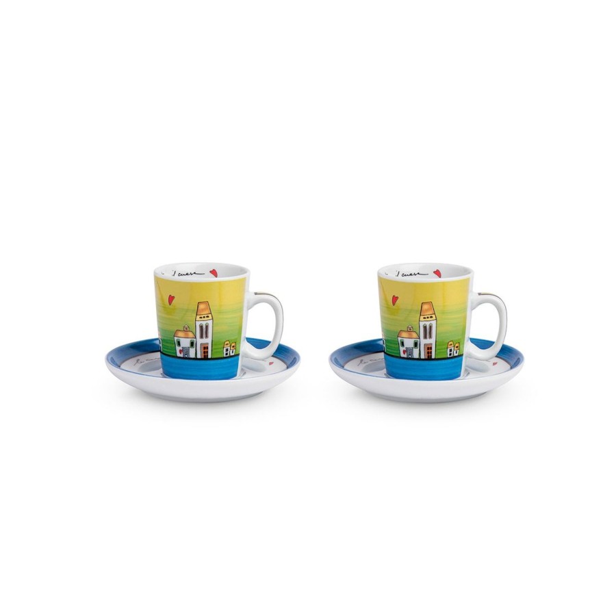 Colazione Egan | Set 2 Tazze Caffe Con Piattini Le Casette Blu