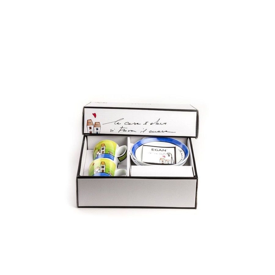 Colazione Egan | Set 2 Tazze Caffe Con Piattini Le Casette Blu