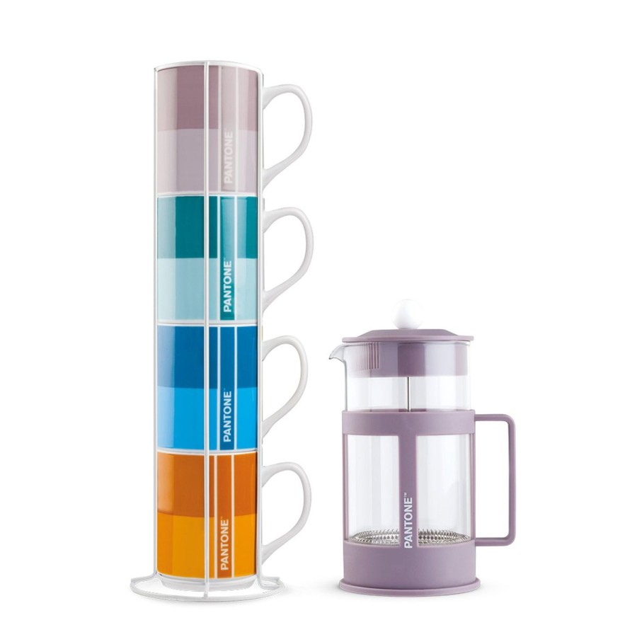 Colazione Egan | Set 4 Mug Impil. Con Metalrack Pantone Linear + French Press Viola 1000 Ml