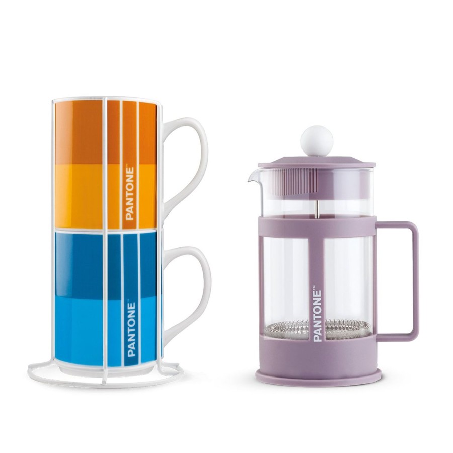 Colazione Egan | Set 2 Mug Impil. Con Metalrack Pantone Linear + French Press Viola 600 Ml