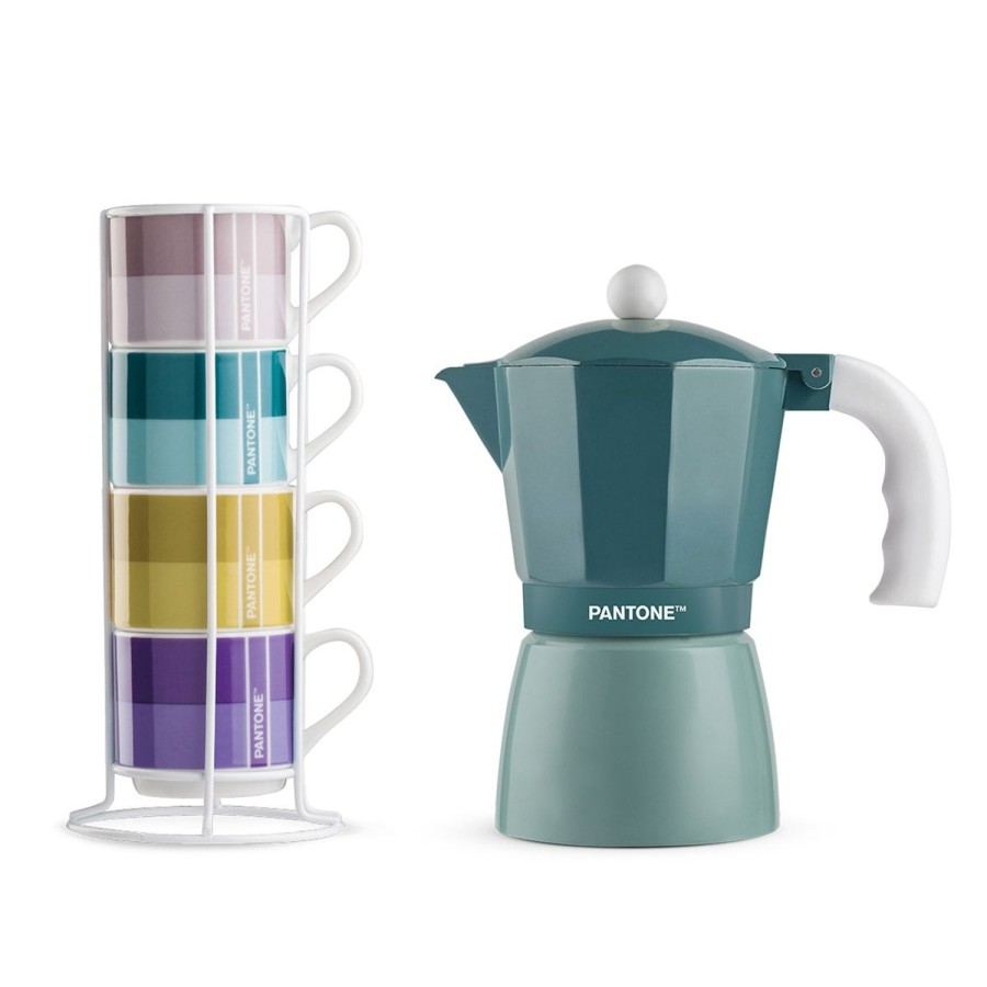 Colazione Egan | Set 4 Tazze Caffe Impil. Con Metalrack Pantone Linear + Moka Blu 6 Tazzine