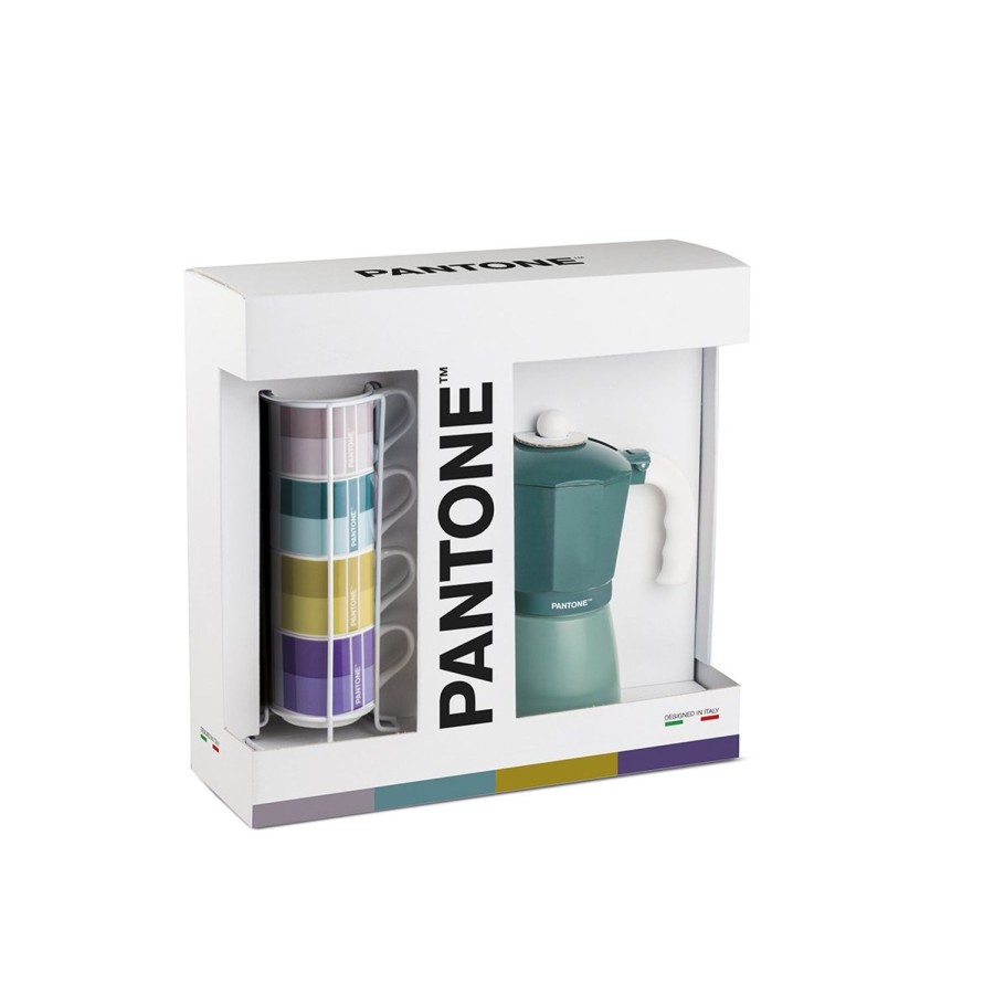 Colazione Egan | Set 4 Tazze Caffe Impil. Con Metalrack Pantone Linear + Moka Blu 6 Tazzine