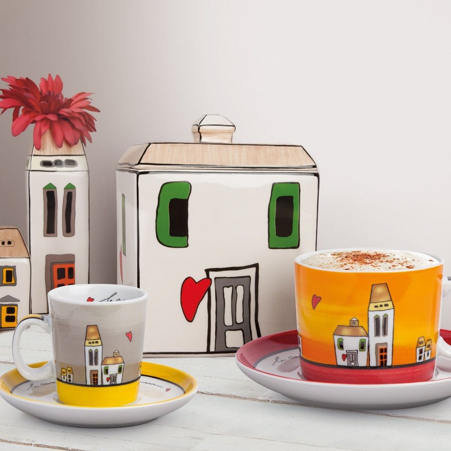 Colazione Egan | Set 2 Tazze Caffe Con Piattini Le Casette Giallo